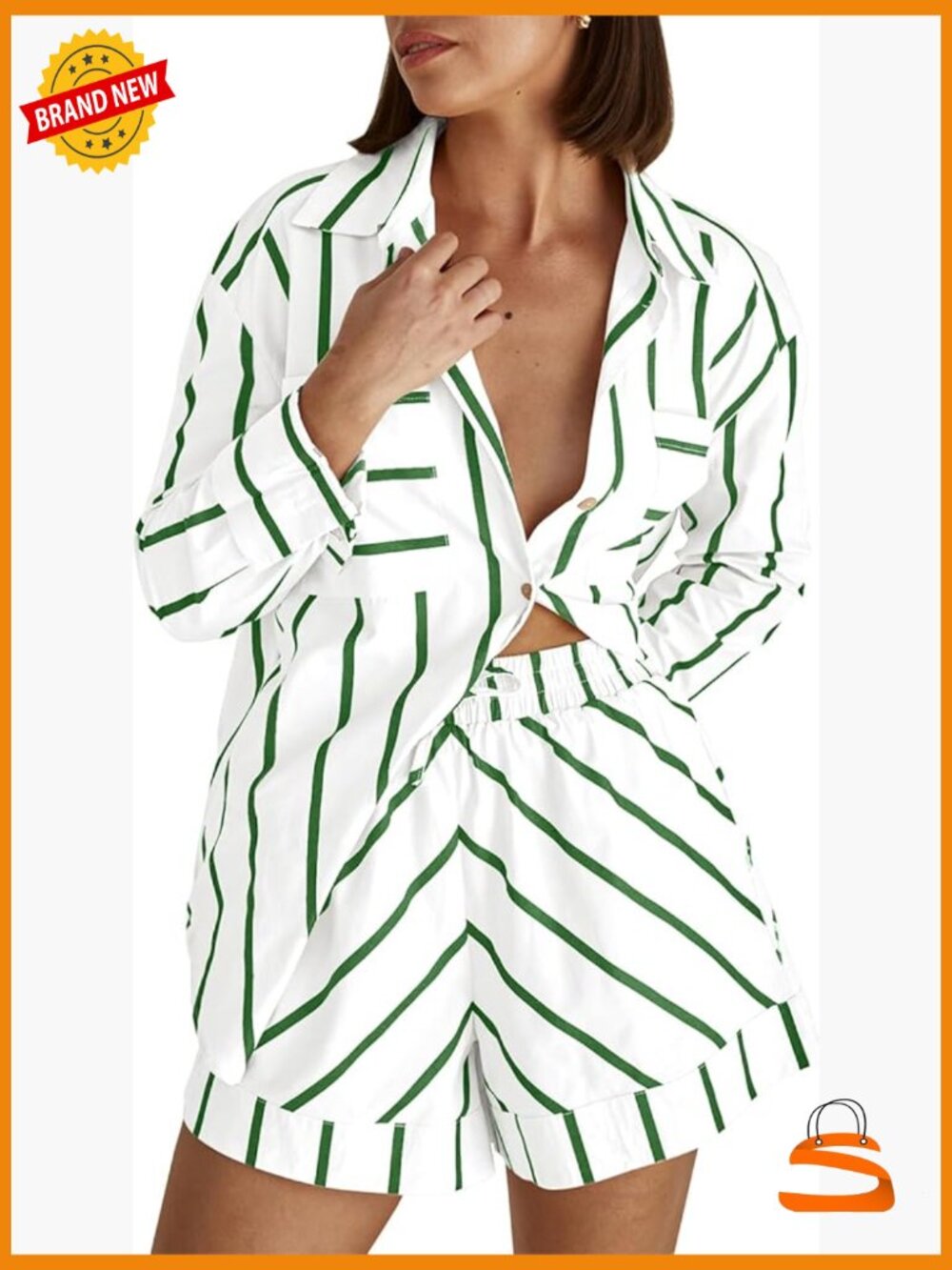 Striped 2 Piece Lounge Set: Button Down Shirt & Drawstring Shorts Matching